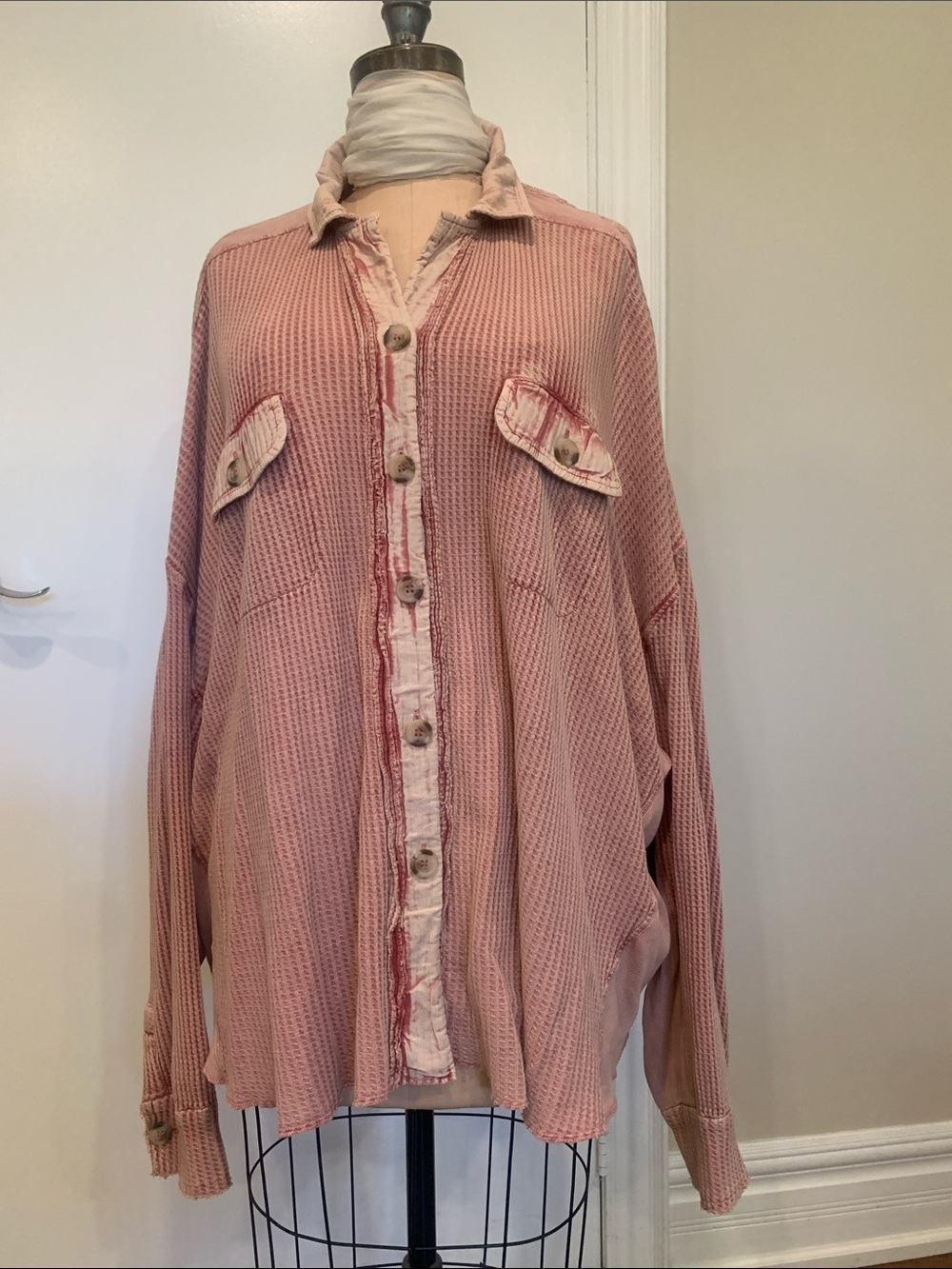 Free People one Washed Pink Waffle-Knit Button Front Women's Top